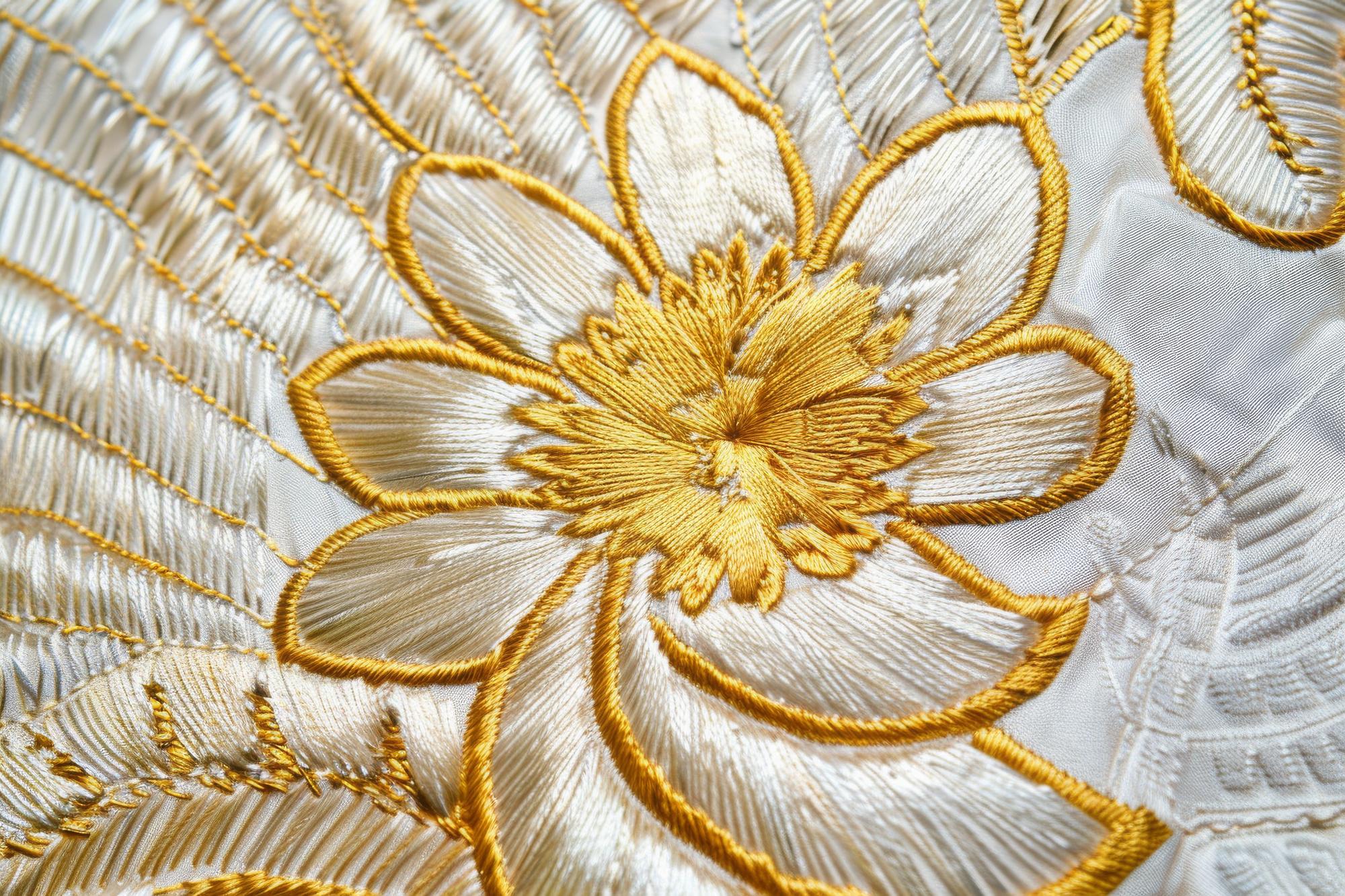 Close-up embroidered gold floral on silk